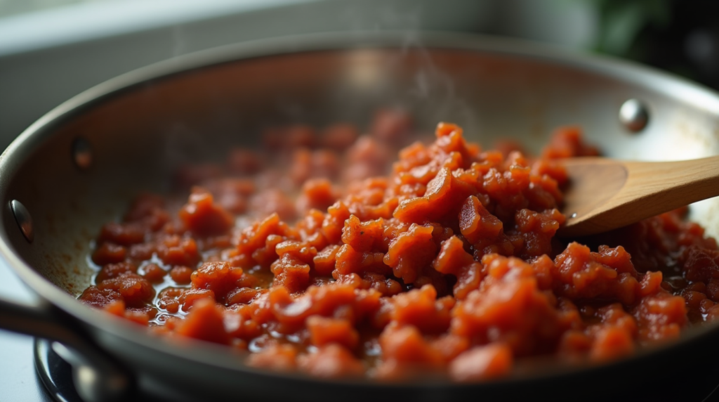 Mexican chorizo sizzling in a pan, releasing its rich, flavorful oils.