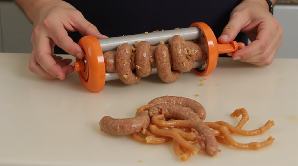 Using a sausage stuffer to fill casings with seasoned summer sausage meat.