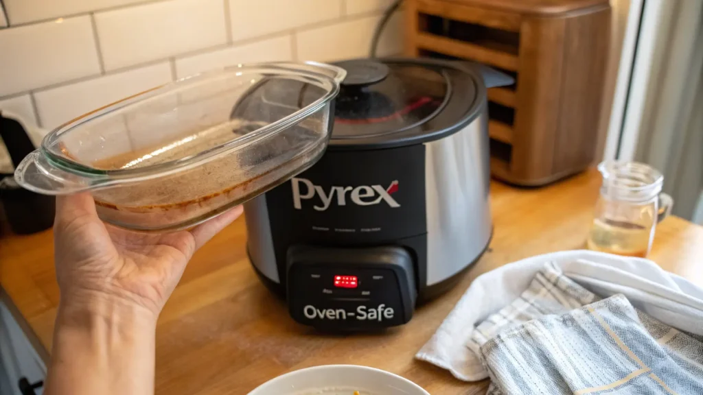 A hand checking an oven-safe label on a glass dish before using it in an air fryer