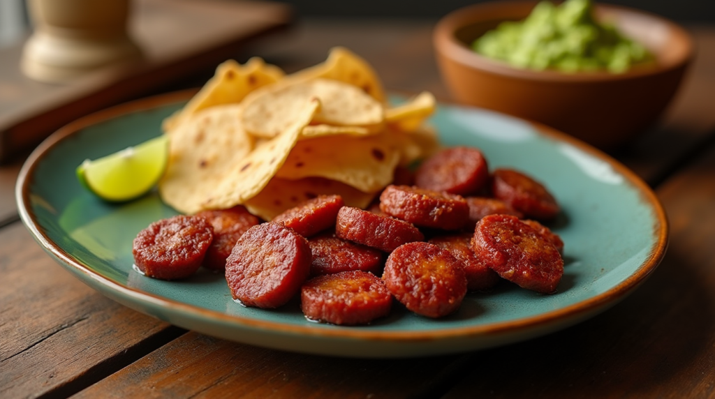 Crispy fried chorizo served with warm tortillas, lime wedges, and guacamole