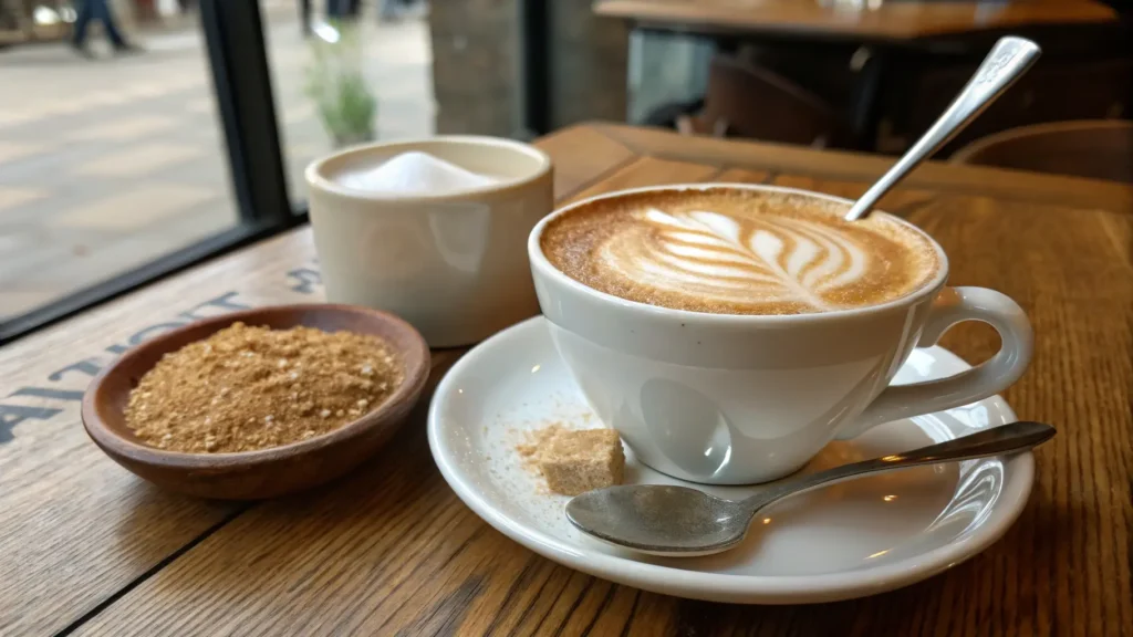 A cup of cappuccino with a spoonful of Demerara sugar being stirred in