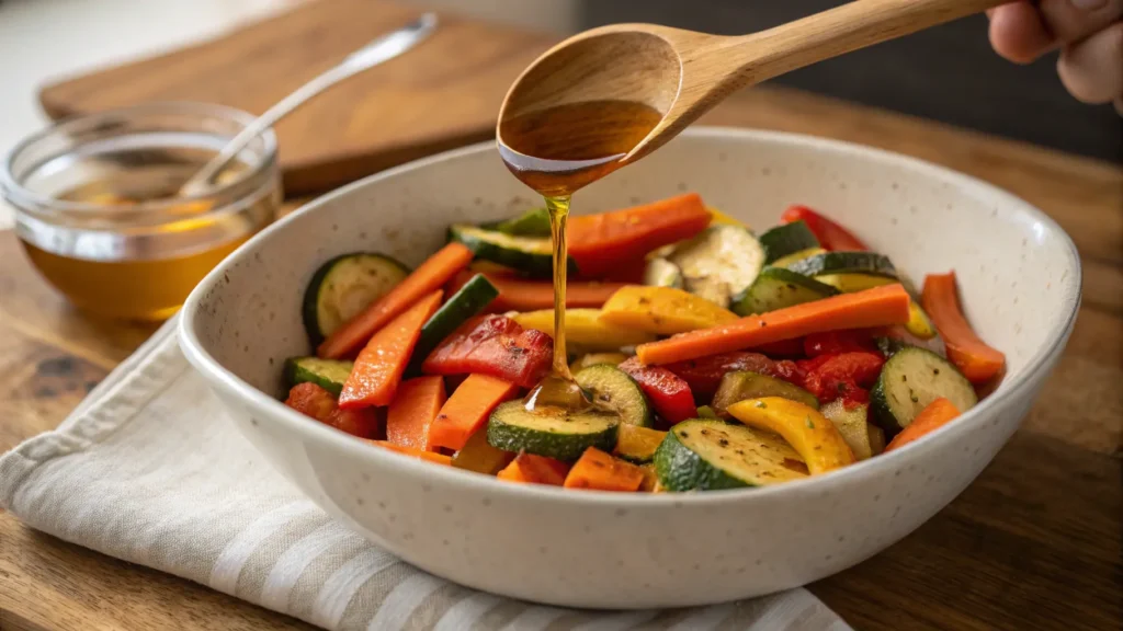 White balsamic vinegar being drizzled over roasted vegetables for added flavor