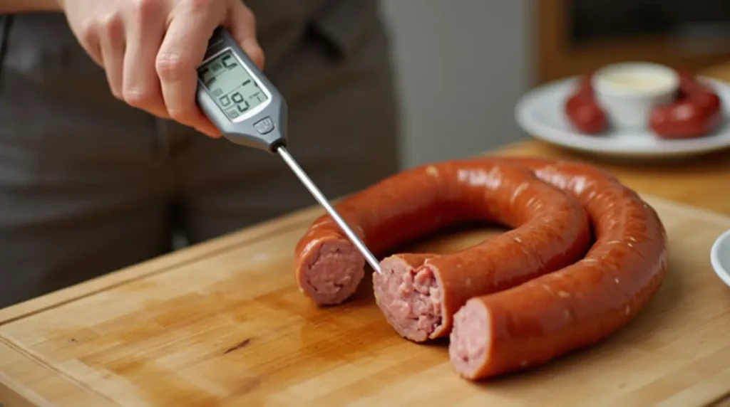 A meat thermometer checking sausage doneness, displaying 160°F