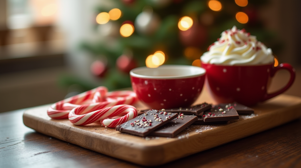 A festive holiday tray with candy canes, chocolate truffles, and peppermint bark.