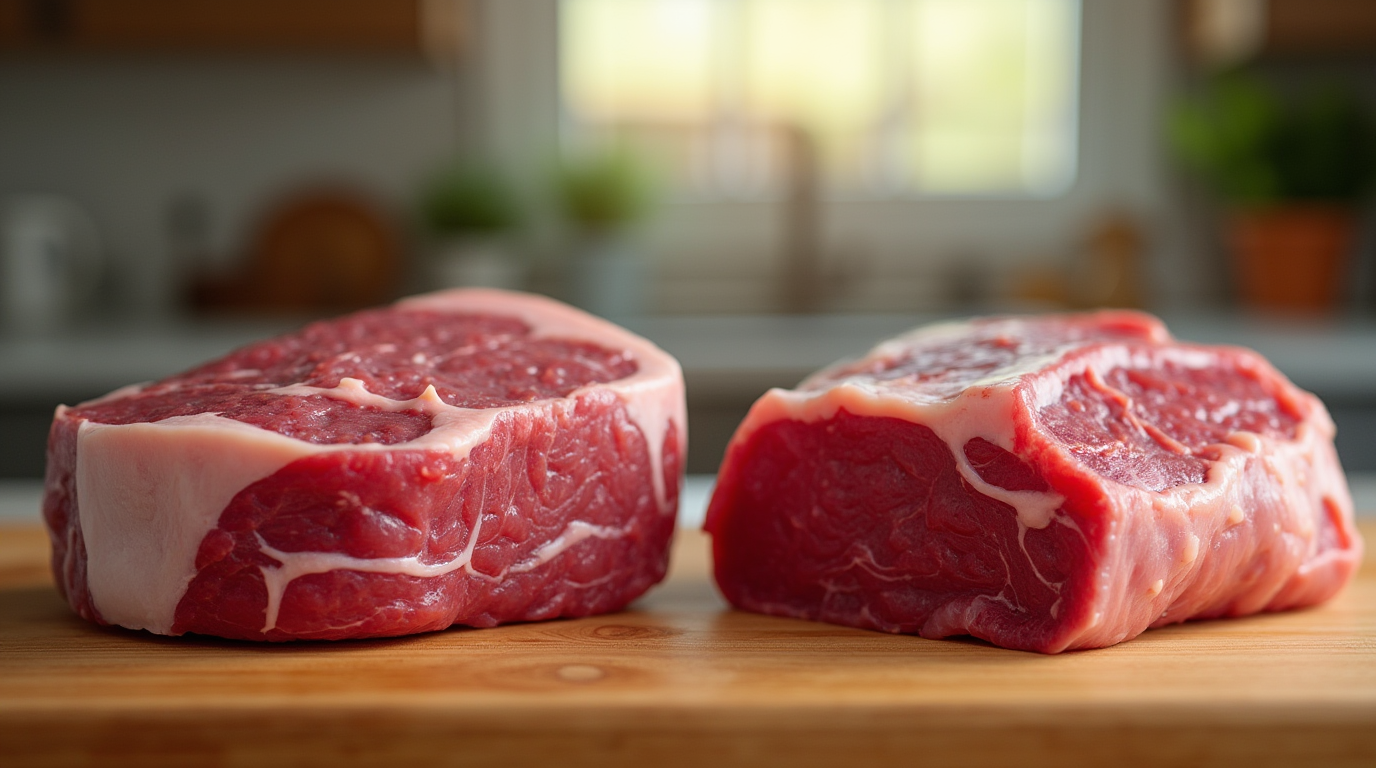 A side-by-side comparison of raw lamb and beef cuts on a wooden board