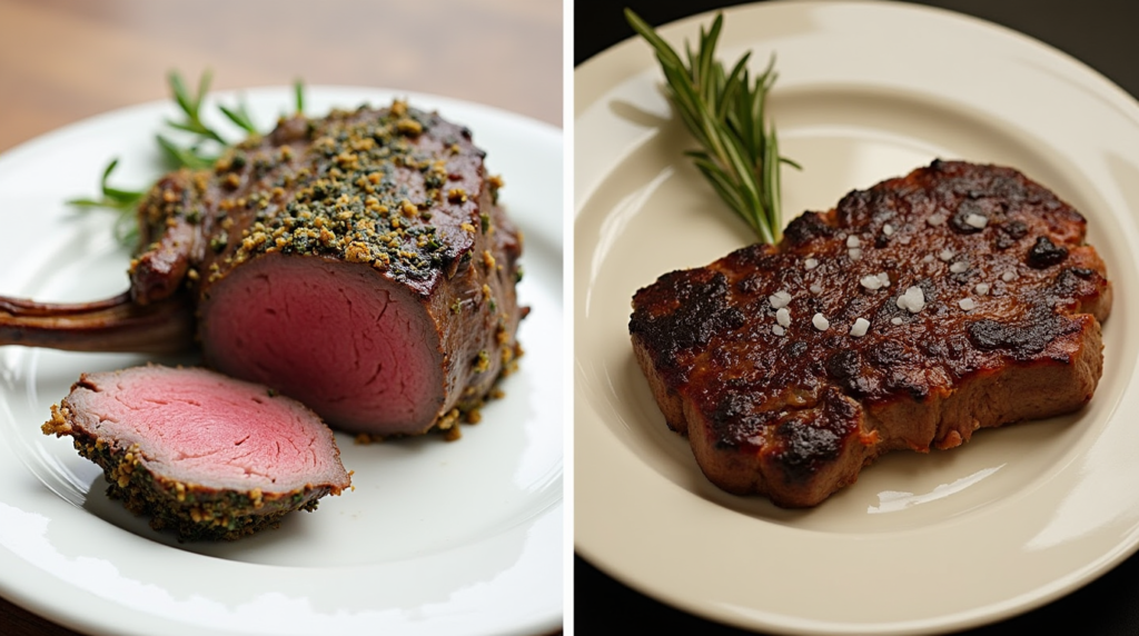 A plated lamb chop with herbs next to a grilled beef steak, highlighting their differences.