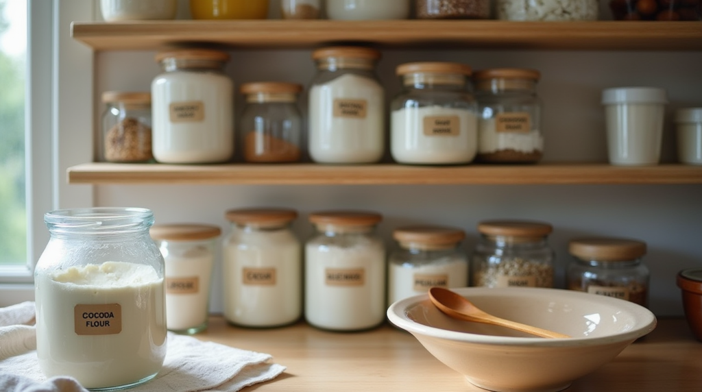 A home baker organizing dessert ingredients in labeled jars for easy access.