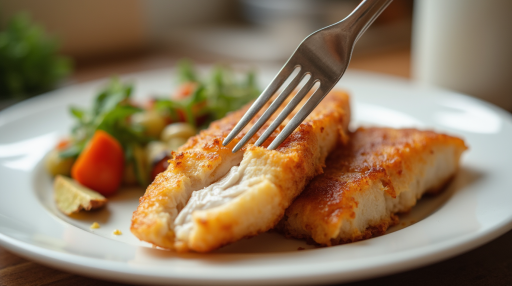 Crispy air-fried fish fillet served with roasted vegetables and a fork cutting into the flaky inside.