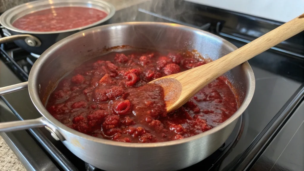 Raspberry chipotle sauce simmering in a saucepan with a wooden spoon stirring the mixture