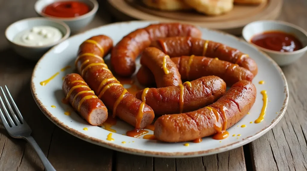 Sliced air-fried sausages served with mustard, barbecue sauce, and dips