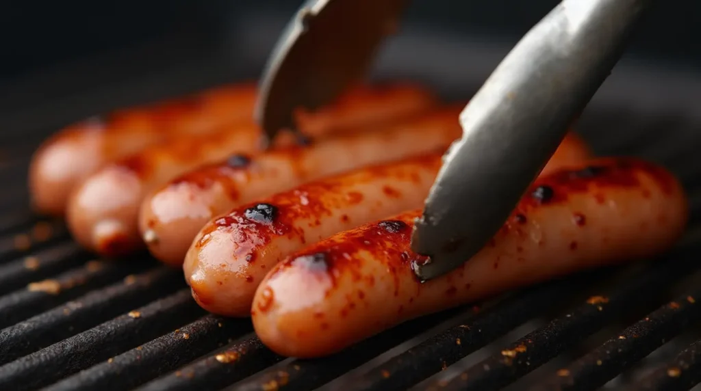 Sausages browning on a grill, showing grill marks and caramelization.