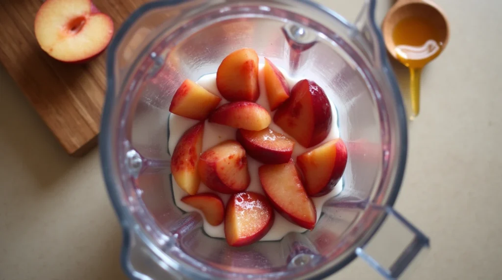 Blender filled with plums and milk, ready to be blended