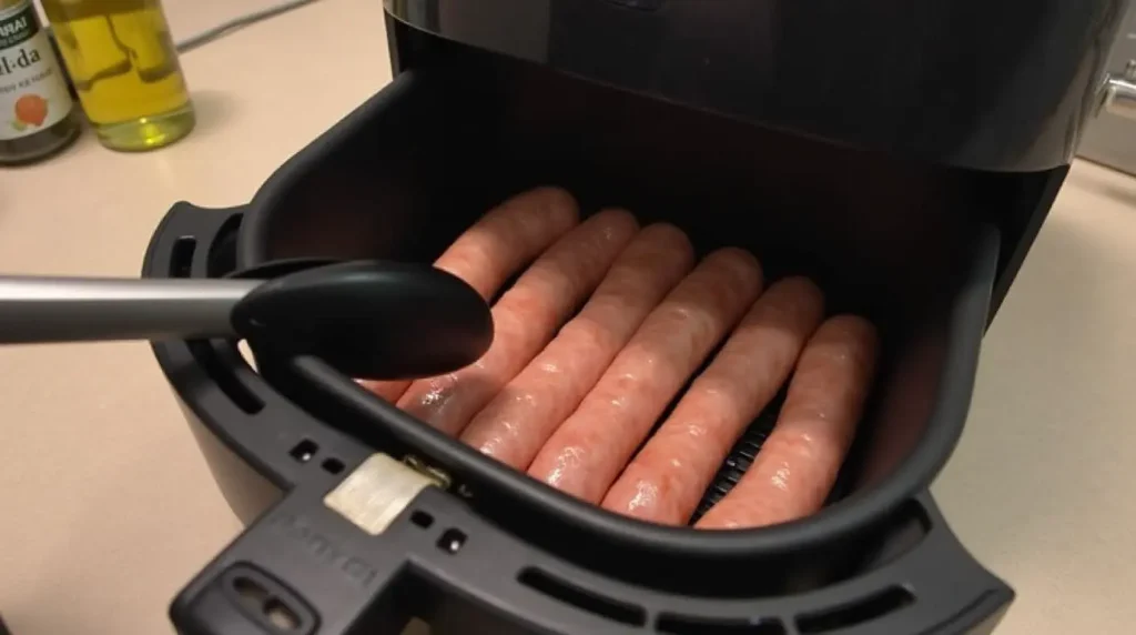 Can You Air Fry Sausage? Placing raw sausages in an air fryer basket with tongs for cooking