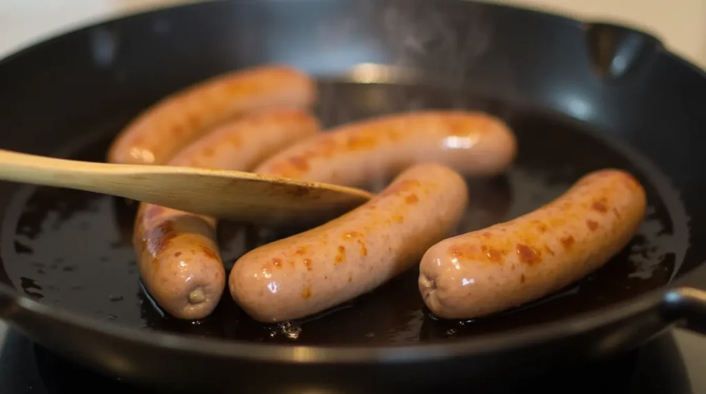 Boudin blanc sausages cooking in a pan with butter over medium heat.