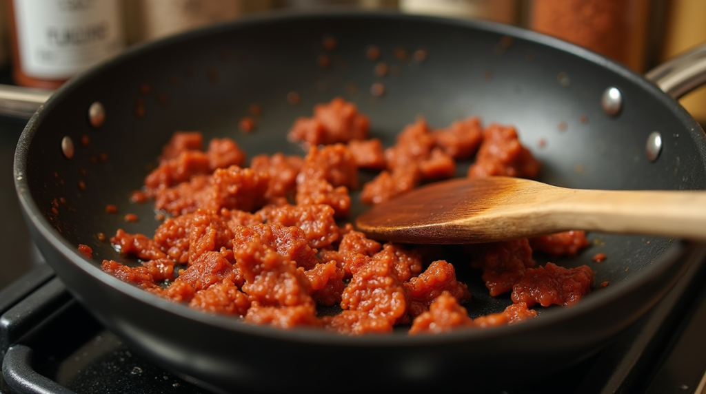 Crumbled chorizo cooking in a non-stick pan with natural oils releasing.