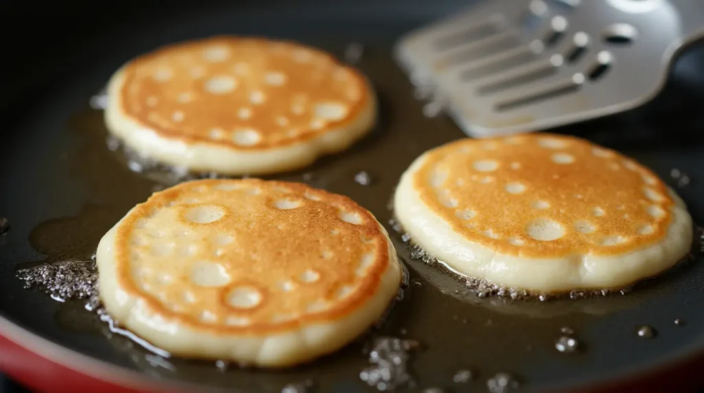 Pancakes cooking in a skillet, with bubbles forming before flipping.