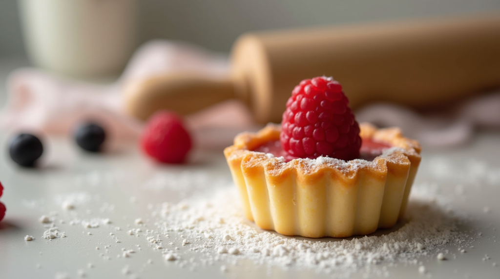 A homemade fruit tart being garnished with fresh raspberries in a home kitchen.