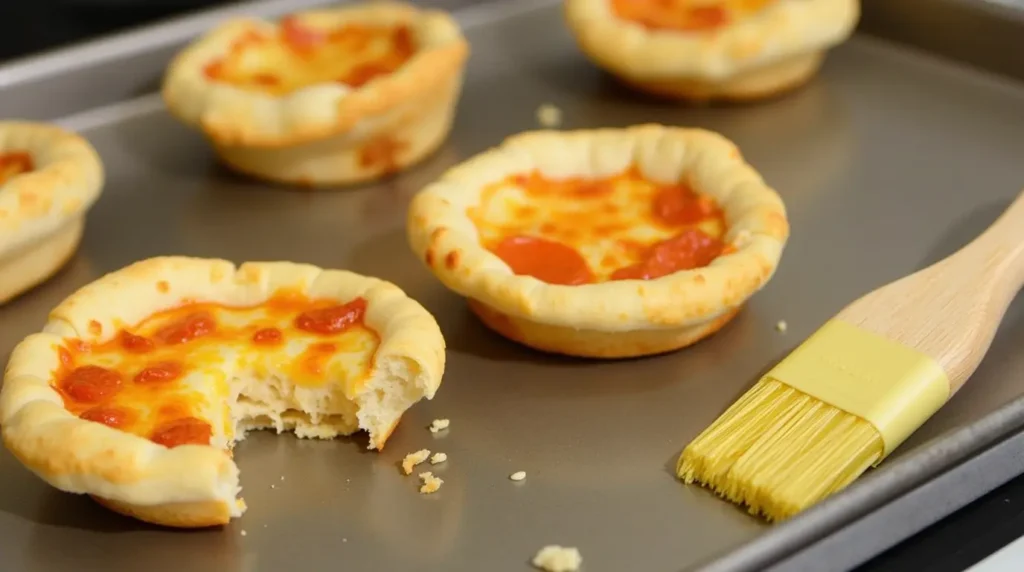 Freshly baked pizza puffs on a tray, golden brown and crispy.