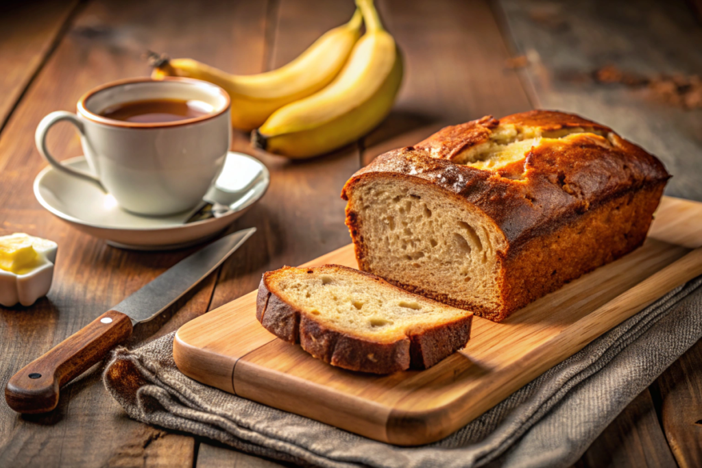 A homemade banana bread loaf with a slice cut, served on a wooden cutting board