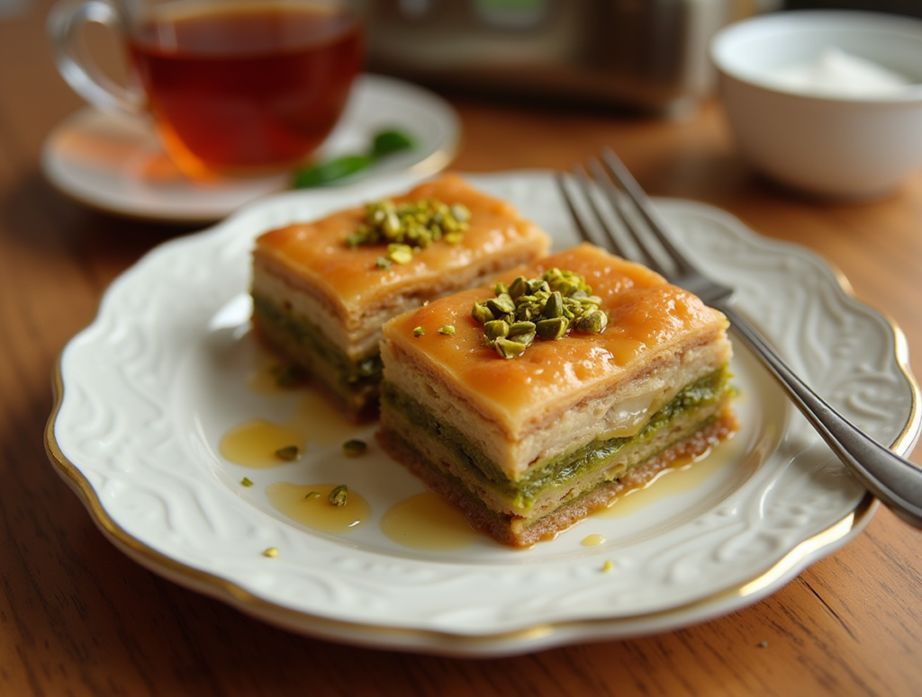 A homemade plate of baklava drizzled with honey and topped with crushed pistachios, served with Turkish tea.