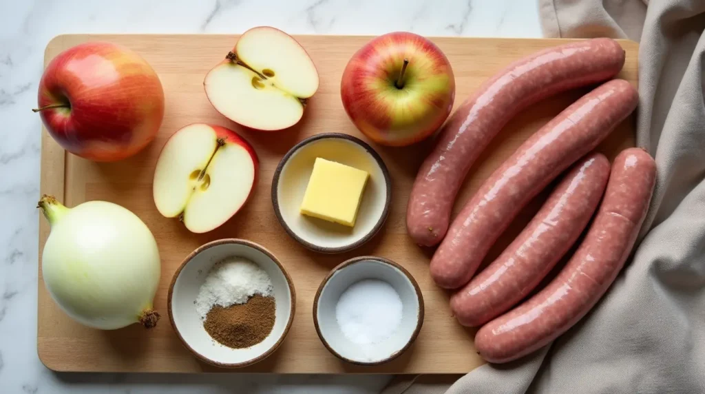 Ingredients for a classic French boudin blanc recipe with apples and onions, displayed on a cutting board.