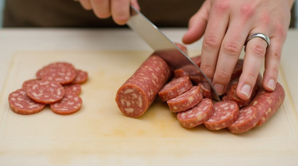 Slicing a chilled summer sausage into even rounds on a wooden cutting board.