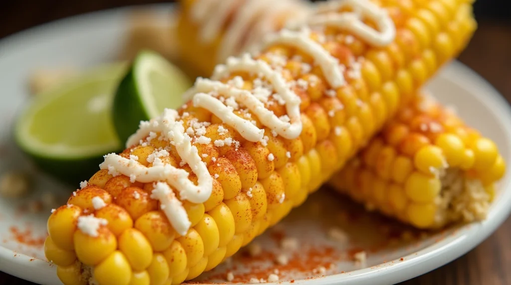 Mexican street corn (elote) covered with queso cotija, chili powder, and lime.