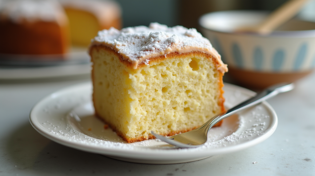 A homemade slice of vanilla cake on a plate with a fork, showing its soft texture.