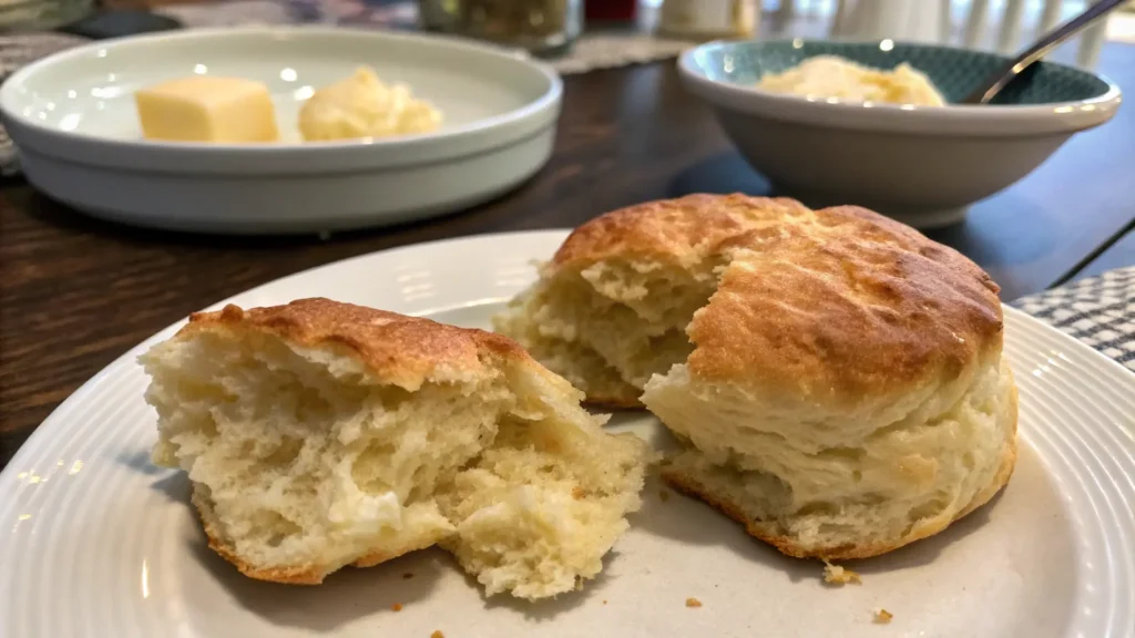 A fluffy, air-fried biscuit torn open to reveal its soft inside and crispy golden crust
