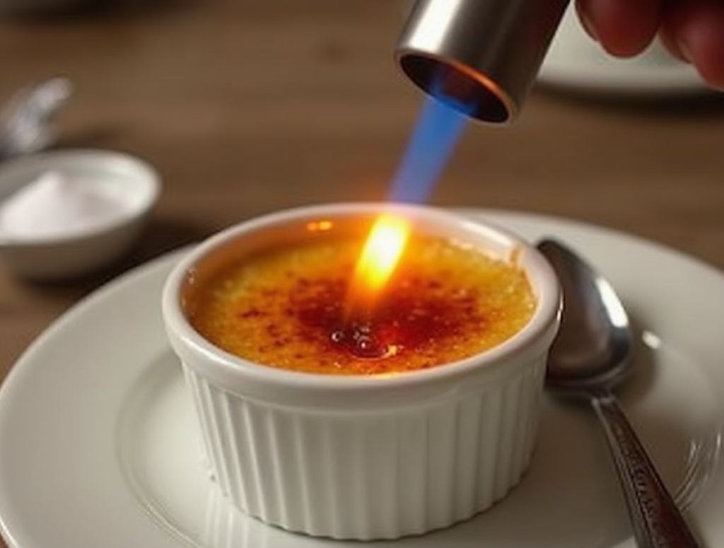 Caramelizing the sugar on a homemade crème brûlée using a small kitchen torch in a home kitchen.