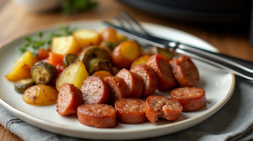 A plate of sliced air-fried sausages served with roasted potatoes and vegetables.