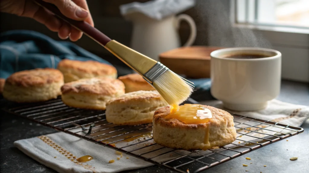 A freshly baked air fryer biscuit being brushed with melted butter