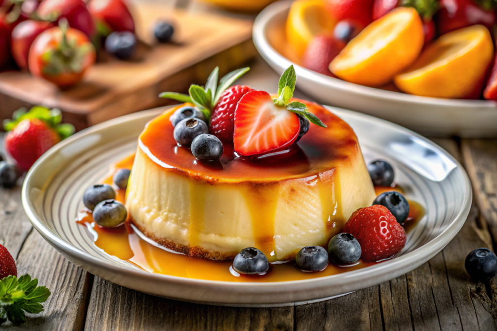 A beautifully plated Venezuelan quesillo flan served with fresh seasonal fruits and a drizzle of fruit compote for a vibrant, flavorful contrast.