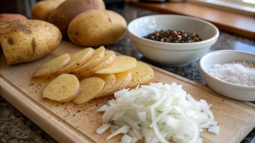 Freshly sliced potatoes and chopped onions on a cutting board, ready for making smothered potatoes