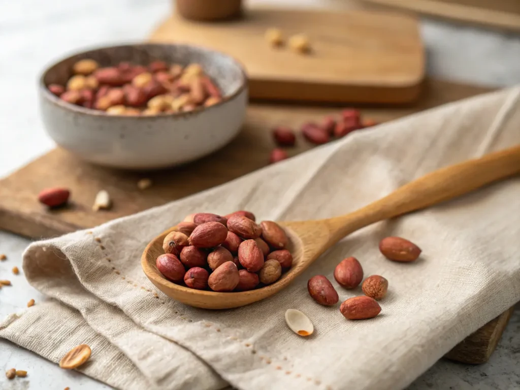 A wooden spoon filled with Spanish Peanuts, showing their red skins and small size