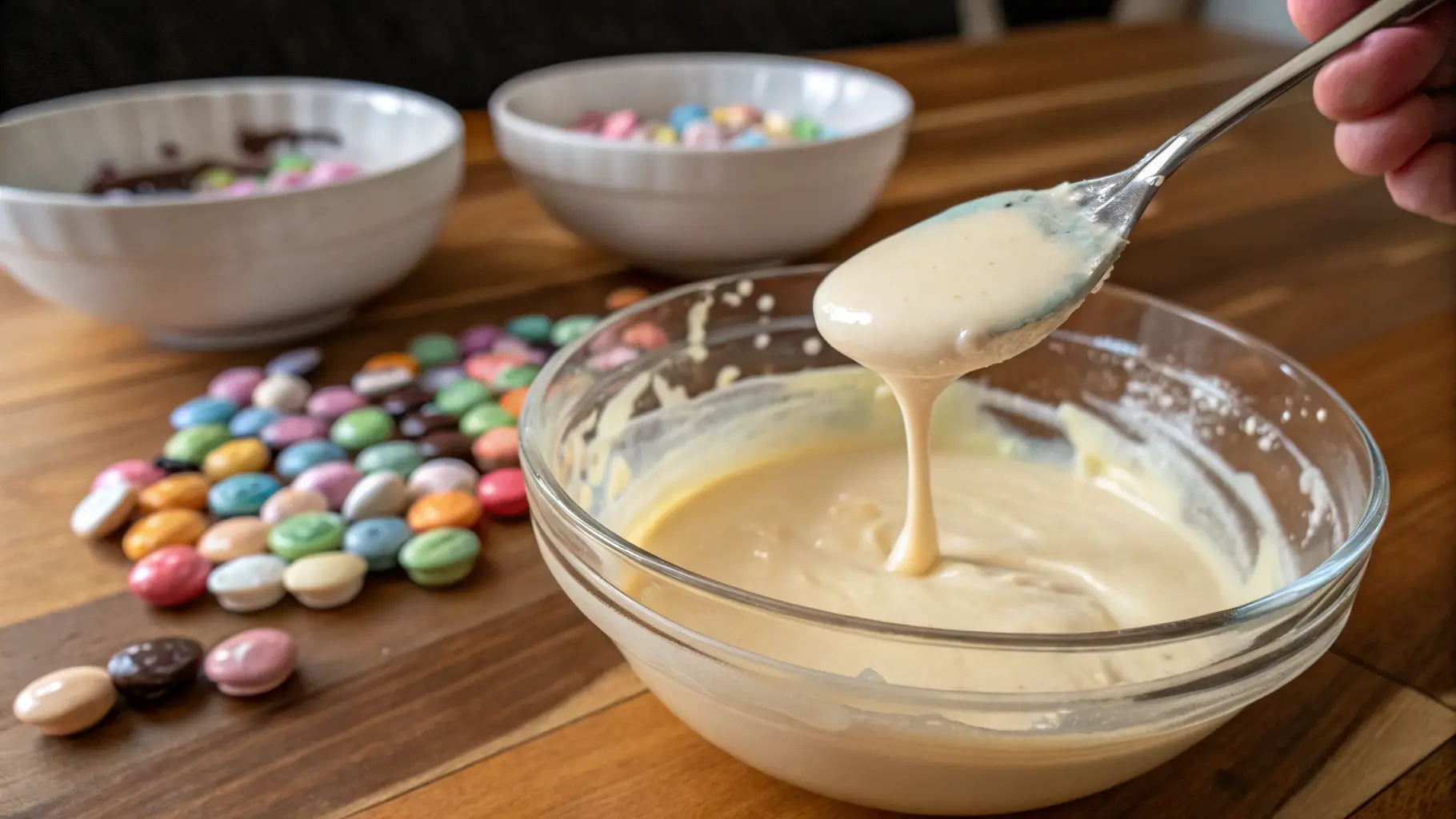 Glossy melted confectionery coating in a glass bowl with a spoon lifting a drizzle.