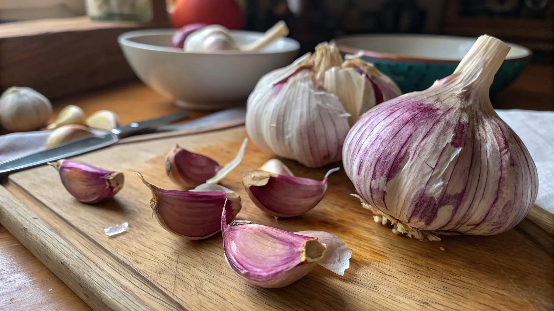 Fresh purple garlic bulbs on a rustic wooden countertop with vibrant purple streaks.