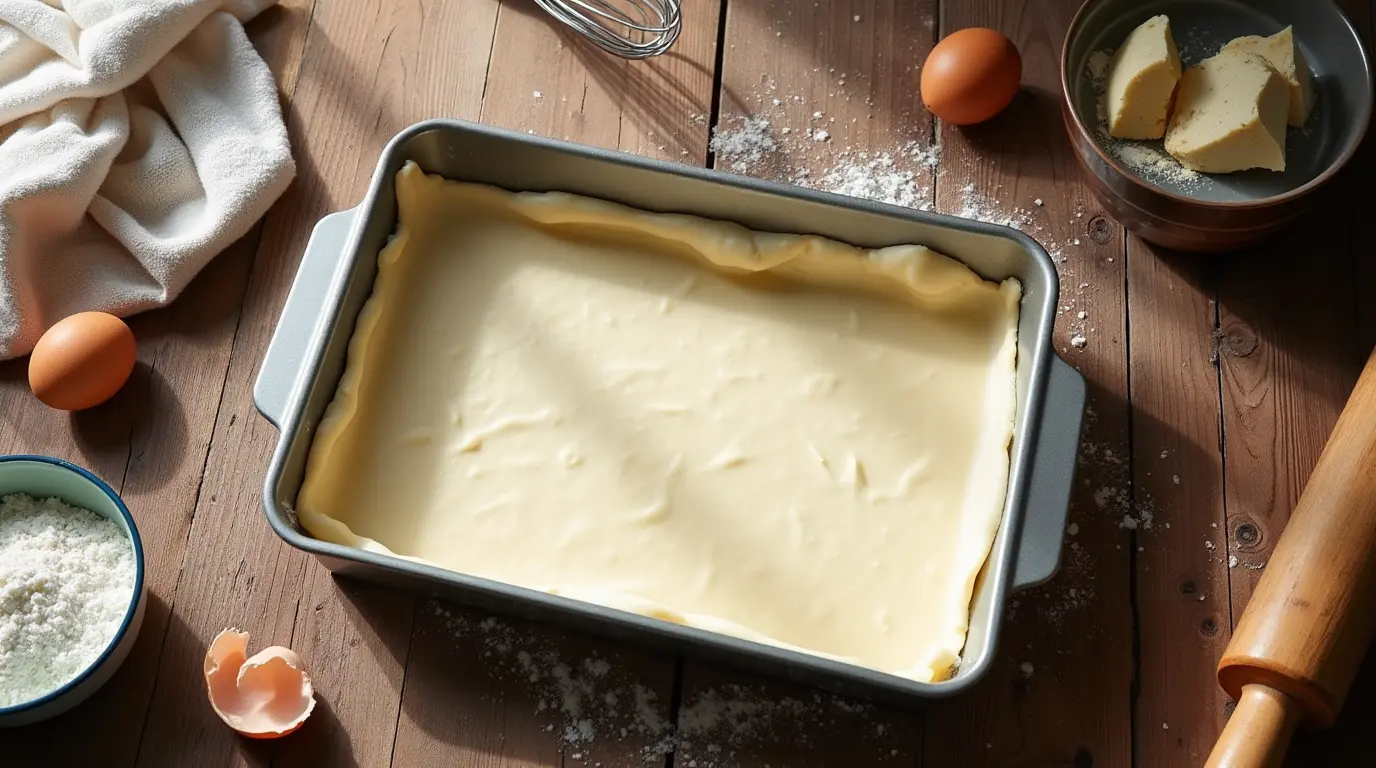 A jelly roll pan with baking ingredients including flour, eggs, and a whisk on a wooden countertop.