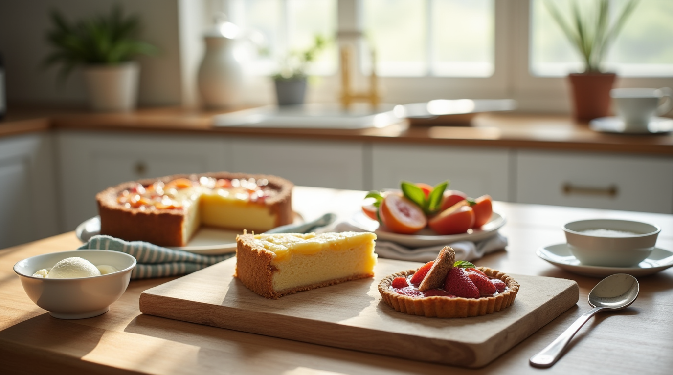 What Classifies a Dessert? A variety of homemade desserts, including cake, ice cream, fruit tart, and cookies, on a kitchen table.