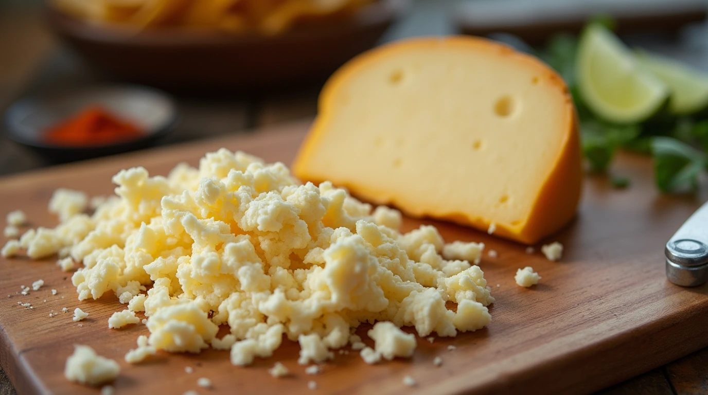 Crumbled queso cotija on a wooden cutting board with a cheese wedge.