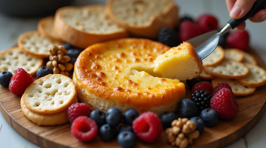Air fryer Brie on a cheese board with crackers, fruit, and honey