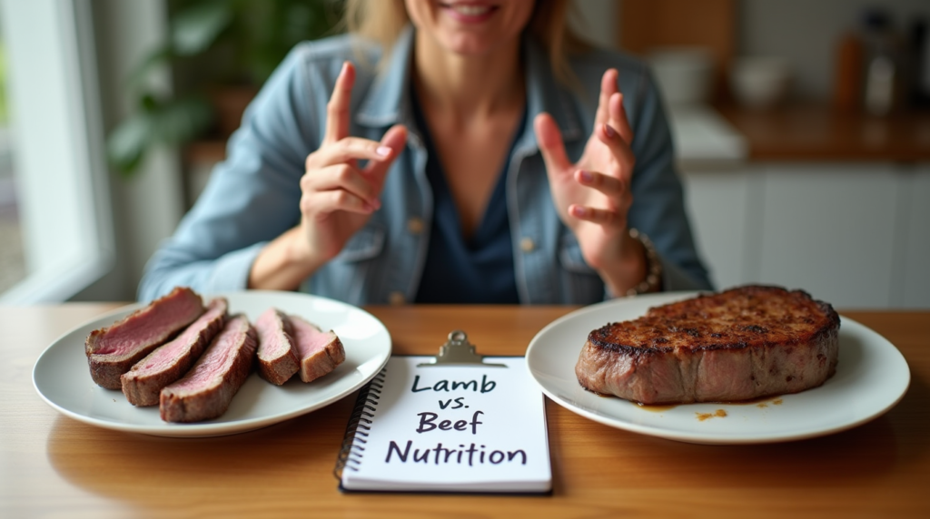 Is Lamb Healthier Than Beef? A Nutritional ComparisonA nutritionist holding two plates, one with lamb and one with beef, discussing their health benefits.