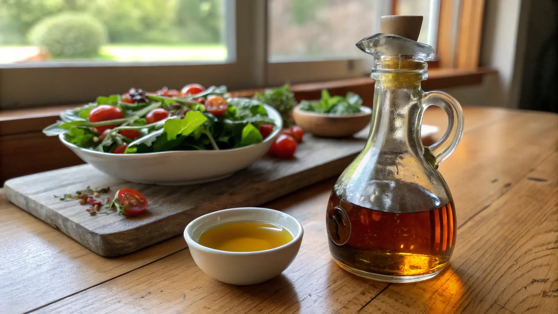 A bottle of white balsamic vinegar on a kitchen counter next to a fresh salad