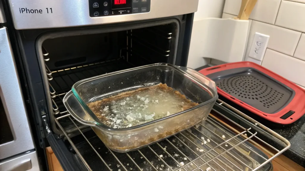 A cracked glass dish inside an air fryer, showing the risks of using non-oven-safe glass