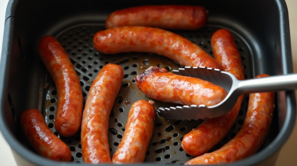 How long do sausages take in the air fryer?Sausages cooking inside an air fryer basket, with tongs flipping one.