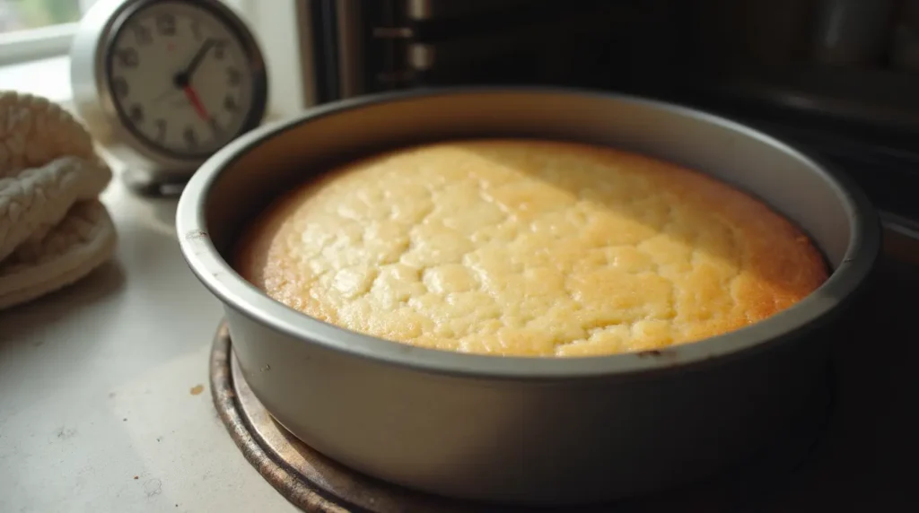 A partially baked sponge cake in a jelly roll pan inside a home oven.