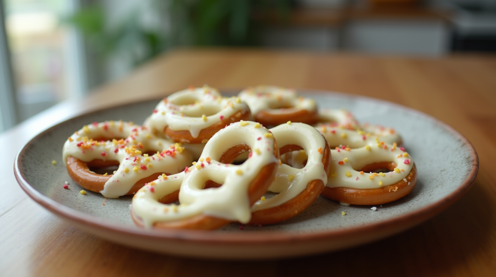 A plate of homemade white chocolate pretzels with a drizzle of white chocolate and sprinkles