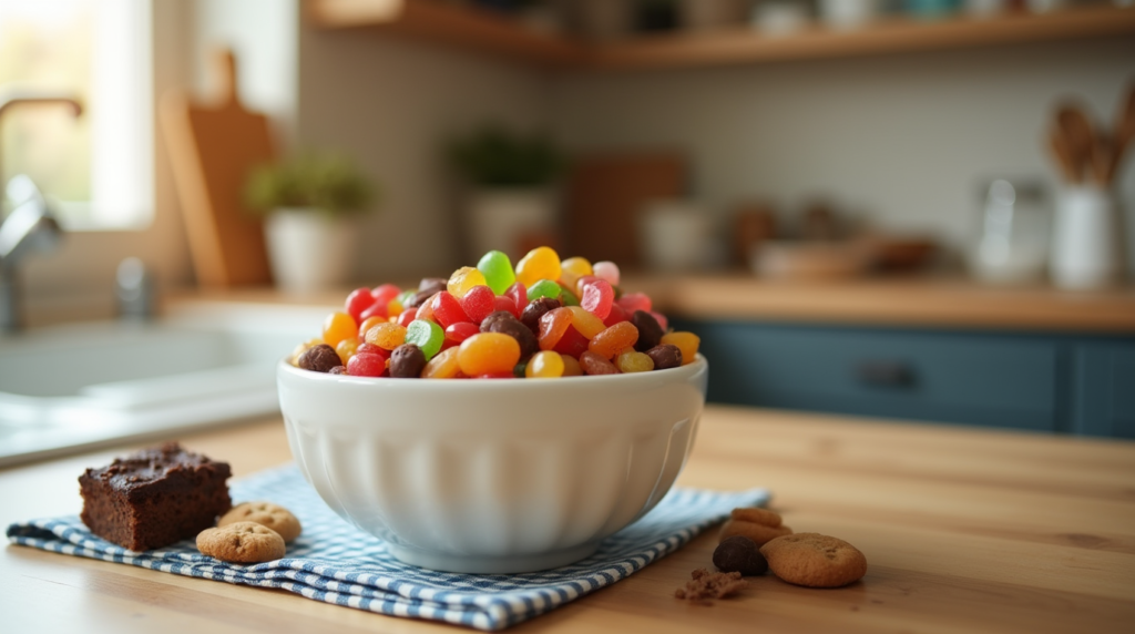 Is Candy Considered a Dessert?A bowl of assorted candies and mini desserts in a cozy home kitchen.