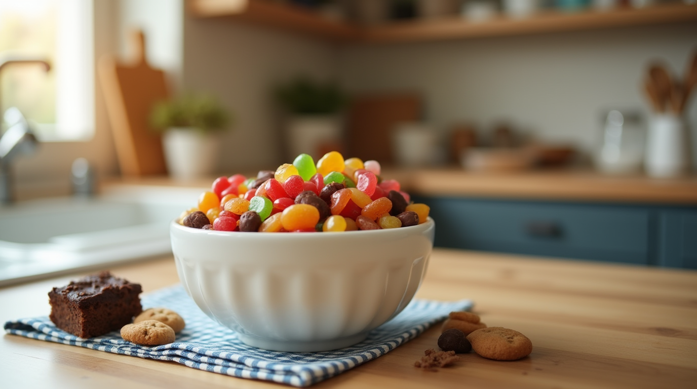 Is Candy Considered a Dessert?A bowl of assorted candies and mini desserts in a cozy home kitchen.