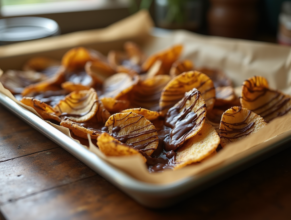 A homemade batch of chocolate-covered potato chips drizzled with dark, milk, and white chocolate, served on a rustic wooden counter.